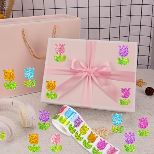 Image of 500Pcs Spring Vinyl Tulip Stickers Roll 1.2in Large Glitter Stickers 6 Colors Flower Label Tag Self-Adhesive Classroom Reward Waterproof Decals for Birthday Envelope Journal Decor