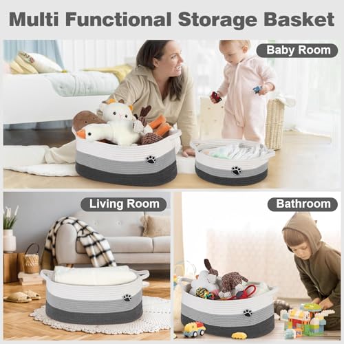 Image of Optish Dog Toy Basket, 30L Toy Box and Bin for Dog Cat Storage, 19.7 inch X 11 inch X 7.9 inch Large Woven Rope Basket for Blankets, Living Room, Bedroom, White & Grey