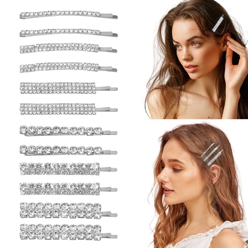 TIESOME Lot de 12 épingles à cheveux en métal argenté avec strass - Épingles à cheveux décoratives en cristal - Barrettes à cheveux de luxe pour bal de...