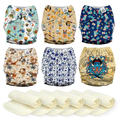 Image of Mama Koala 3.0 Cloth Diapers for Babies, 6 Pack One Size Washable and Reusable Pocket Diapers for Newborns and Toddlers (Pirates are Coming)