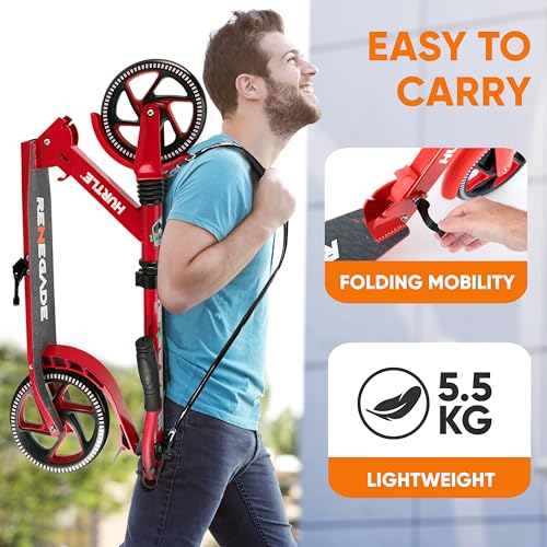 Image of Hurtle Teenager Kick Scooter - 2 Wheel with Adjustable T-Bar Handlebar - Folding Adult with Alloy Anti-Slip Deck - 8 inch Smooth Gliding Wheels