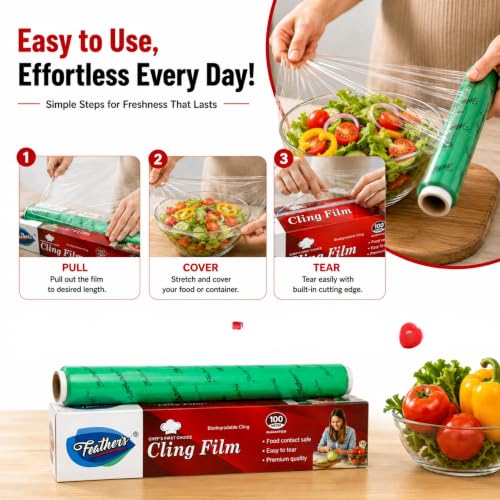 Image of Feather's Cling Film Wrap Food Biodegradable Multipurpose Food Wrapper Non-Stick Microwave Safe (Pack of 2, 100m)