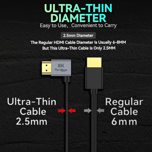 Image of Portkeys 8K Ultra Thin HDMI Cable 2.5mm Diameter, A Slim Soft Cable 48Gbps Ultra High Speed HDMI 2.1 Cord 8K@60Hz, 4K@120Hz for Monitor, PS5, Xbox, PC, HDTV (A to D, 30cm)
