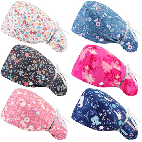 Image of 6 Pcs Scrub Cap Women Adjustable Nurse Cap with Button Bouffant Medical Surgical Hat Sweatband for Gift