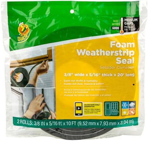 Duck Brand Self Adhesive Foam Weatherstrip Seal for Extra Large Gaps, 20 Total Feet, Window and Door Seal Strip Foam Tape, 3/8-Inch Wide x 5/16-Inch Thick x 10-Feet Long, 2 Rolls, Charcoal (285645)
