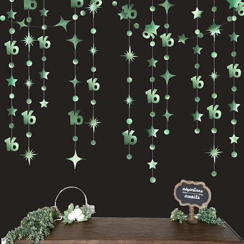 Image of Sage Green Number 16 Circle Dot Twinkle Star Garland Hanging Streamer Bunting Banner Backdrop Decorations for Girls Happy 16th Birthday Sweet Sixteen 16th Anniversary Cheers to 16 Years Party Decor