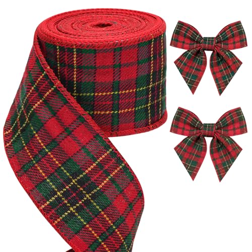 jijAcraft Rot-Grün Kariert Weihnachtsband mit Draht: 6cm Breit...