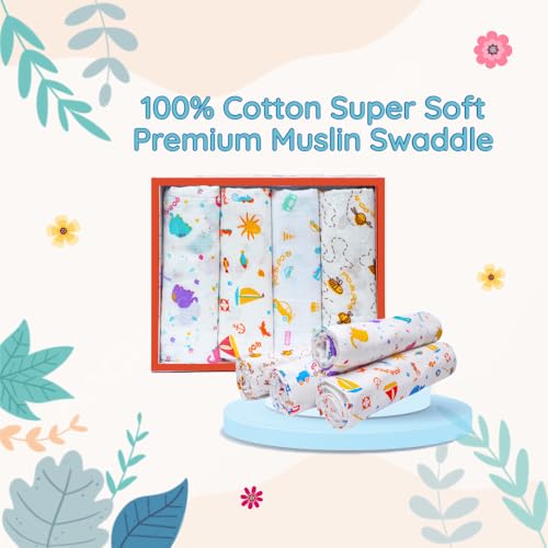 Image of Swaddle for Babies -100% Muslin Cotton Soft 2-Layer Swaddle /Blanket /Multipurpose Wrap for New Born Baby Girl & Boy | Perfect for Gifting | 90X90 cm, 0-6 Months, Set of 4