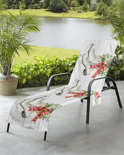 Christmas Farmhouse Beach Chair Towel Covers for Chaise Lounge with Side Pocket, Soft Plush Pool Towels Cover for Patio Sunbathing Outdoor 29''x85'' Wood Grain White Skate