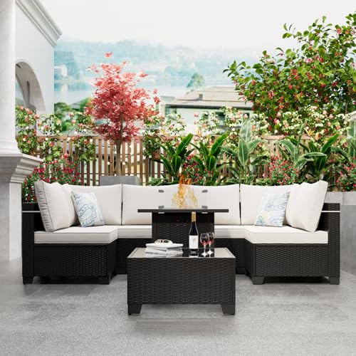 Peacabo Patio Furniture Set with Fire Pit Table 28', 8-Piece Outdoor Furniture Conversation Set with Cushions，Wicker Sectional Sofa for Porch Garden Backyard, Coffee/Beige