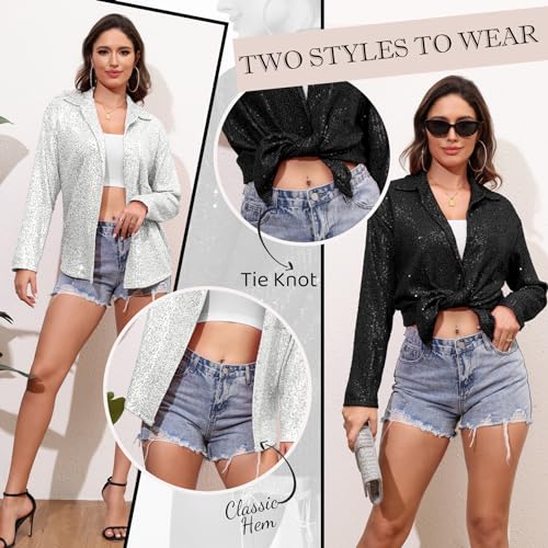 Zando Sequin Tops for Women Sequin Top Sparkly Tops for Women Sparkle Tops for Women Casual Party Club Button Down Shirt4