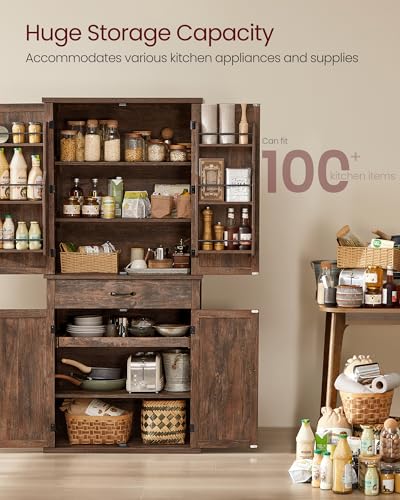 Image of VASAGLE Pantry Cabinet, Tall Storage Cabinet with Drawer, 70.3-Inch | Farmhouse kitchen cabinet with barn doors, tray, adjustable shelves, Hazelnut Brown, UBBK364K01