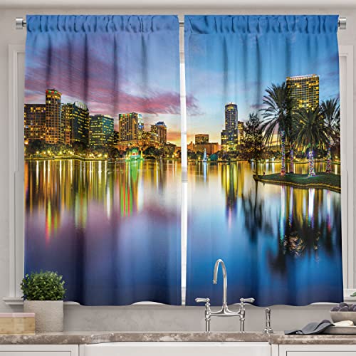 Ambesonne Modern Kitchen Curtains, Famous USA Urban Downtown View of Orlando Florida EOLA Lake Romantic Scene Print, Window Drapes 2 Panel Set for Kitchen Cafe Decor, 55