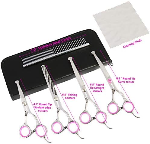 GEMEK Dog Grooming Scissors Set, 4CR Stainless Steel Safety Round Tip Pet Professional Grooming Tool 5 Pieces Kit - Straight, Curved, Thinning Shears & Comb for Dogs, Cats and Other Animals