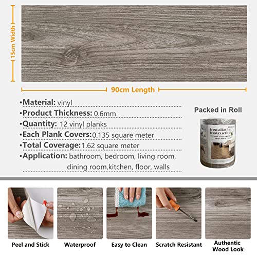 VEELIKE Pavimento in PVC Effetto Legno Grigio