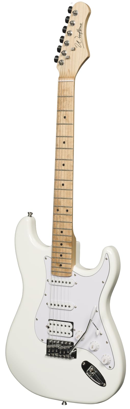 Woodbrass ST100 Chitarra elettrica, bianca - Chitarra versatile ideale per principianti - Corpo in forma ST - Tastiera in tiglio americano - Stile rock, pop, funk, country, hard, metal