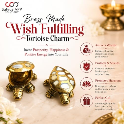 Image of Salvus APP SOLUTIONS Brass Made Wish Fulfilling Tortoise /Turtle Religious - Feng Shui Charm for Home Decor, Positive Energy, and Prosperity (White & Golden 3x1.2 Inch)