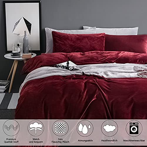 Michorinee Winter Plüsch Bettwäsche Set 135x200 cm 4teilig Weinrot – Ansicht 2
