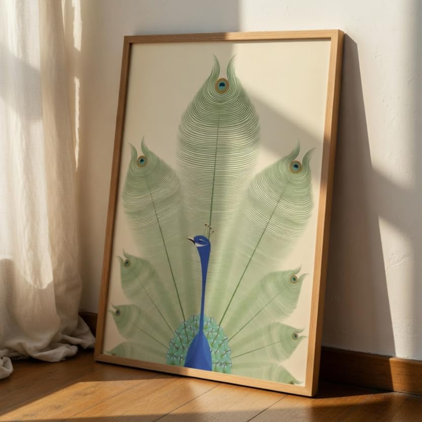 Image of Livin'luxe Peacock Feather Wall Painting with Wooden Color Synthetic Frame | Minimalist Peacock Artwork HD UV Laminated MDF Wall Decor | Elegant Bird Nature Wall Art for Living Room Bedroom Decor
