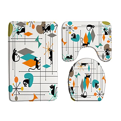 Mid Century Black Cat 3 Pcs Bath Rugs Set,Atomic Starbursts Cat Modern Abstract Geometric Iconic Vintage 1950s 1960s Bathroom Kitchen Rug with 16