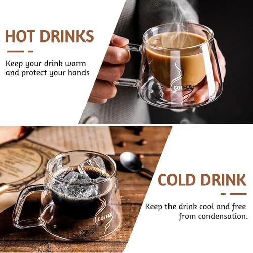 Image of Coffee Print Double Wall Glass Coffee Mugs Espresso Mugs with Square Handle Glass Cappuccino Cups Tea Clear Coffee Insulated Cups Gift Set for Latte Tea Bag Beverage Cafe Kitchen 250 ml