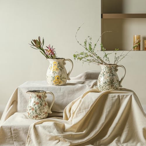 Image of Ceramic Flower Vase | Green Rustic Farmhouse Pitcher Vase for Home Decor, Vintage Floral Tuscan Decorative Vase for Living Room & Kitchen, Mantel & Bookshelf, Centerpieces, Entryway, Wedding(8 Inch)