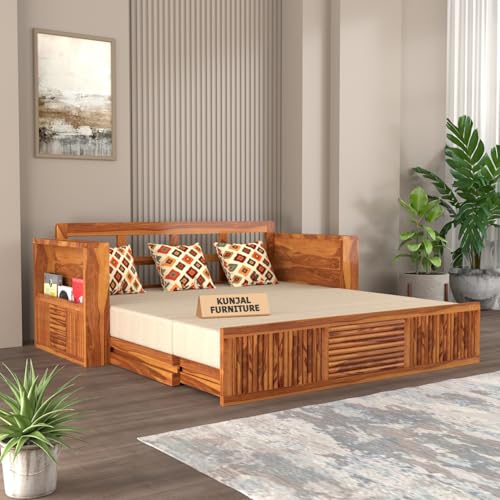 Image of Kunjal Furniture Solid Sheesham Wood Sofa Cum Bed with Storage for Living Room | Natural Finish | 3-Seater Convertible Sofa Bed | Handmade Wooden Furniture (Natural, Europian)