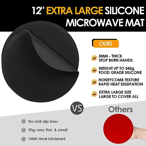 Image of Silicone Microwave Mats, 12 inch Extra Large Multi-Use Microwave Mat Heat Resistant Silicone Trivet Mat Pot Holders Hot Pads for Kitchen, Silicone Cover Pad for Microwave Oven Hot Pot Pans, Black 2Pack