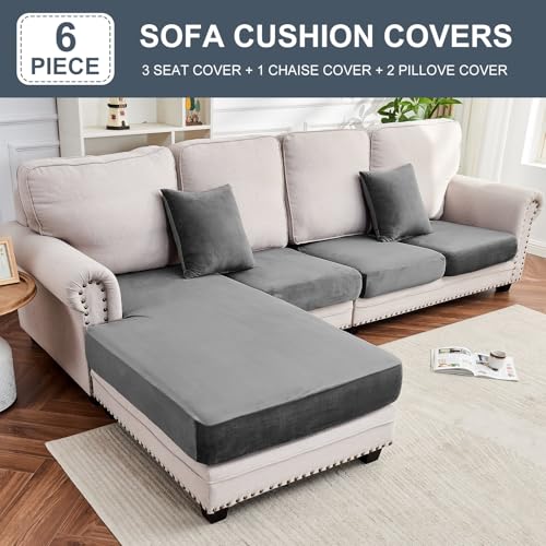 Image of Stretch Silver Fox Velvet Sectional Couch Covers - 4-Piece Sofa Cushion Covers for Left /Right L-Shaped Chaise, Soft and Comfortable Slipcovers for Sectional Sofa(3 Seater + 1 Chaise,Grey)