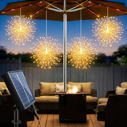 4 Piezas Solar Luces de LED Fuegos Artificiales, 360 LEDs Luces Colgantes con Efecto de Fuegos Artificiales, 8 Modos Impermeables Luces de Hadas Navideñas para Decoración Exterior Jardín Patio