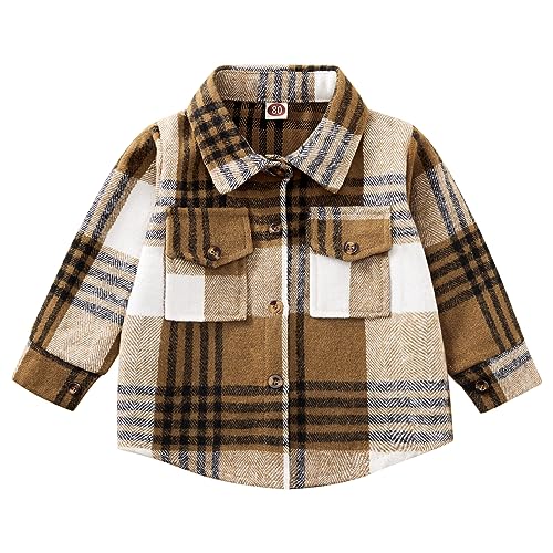 Image of EFINNY Baby Boy Girl Shirt Jacket Long Sleeve Flannel Button Down Plaid Shirt Top with Pocket Toddler Kids Warm Fall Clothes
