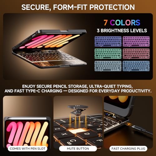 Image of Transparent Case with Keyboard for iPad mini 7 A17 Pro(2024) & Mini 6 (2021) 8.3 inch,7-Color Backlit,Wireless Keyboard, 360Rotating,with trackpad,Pencil Holder,with Shortcuts,Black