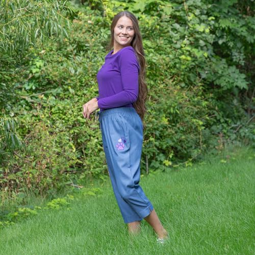 Denim Paw Print Capri Pants Embroidered Animal Lover Detail Elastic Drawstring Waist with Pockets Casual Lightweight Bottoms4