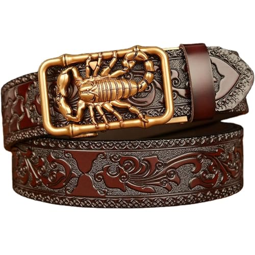 Men's Western Ratchet Belt - Floral Engraved Embossed Strap With Gold Scorpion Automatic Buckle For Jeans