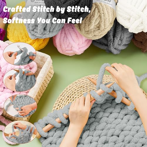 Image of Inhand Chunky Chenille Yarn for Hand Knitting,Thick Bulky Blanket Yarn for Crocheting,Soft Fluffy Yarn for Crochet Birthday Gifts for Men /Women /Beginners,12 Pack (29.5Yds /8.4oz Each),Frost Gray