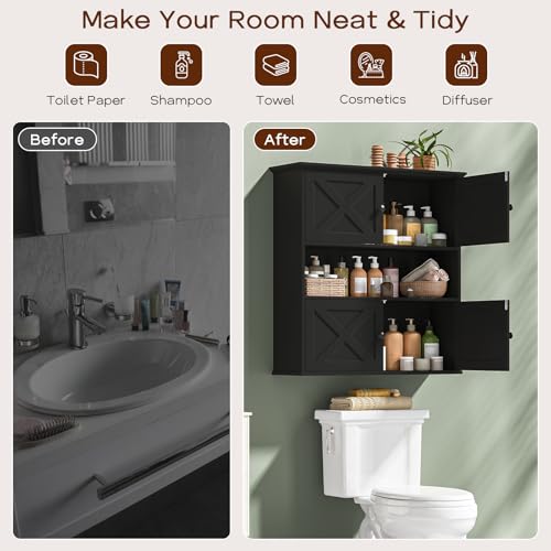 Image of Vabches Bathroom Wall Cabinet, Farmhouse Medicine Cabinet with 4 Barn Doors, Large Wooden Vintage Storage Cabinet Wall Mounted for Bathroom, Kitchen, Black