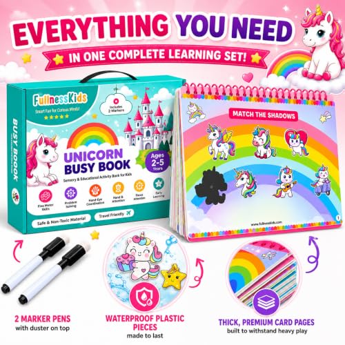 Image of FullnessKids Unicorn Busy Book for Toddlers 2-5 Years | 27 Activities Montessori Learning Toy | 14 Velcro Activities & 13 Wipe and Write Activities | Reusable Educational Activity Binder | Travel Toy & Birthday Gift for Girls