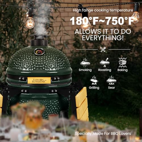 Image of London Sunshine 15-inch Ceramic Kamado Charcoal BBQ Grill & Smoker with Locking Casters, Foldable Side Shelves, Stainless Steel Grates, and Tall Stand (Green)