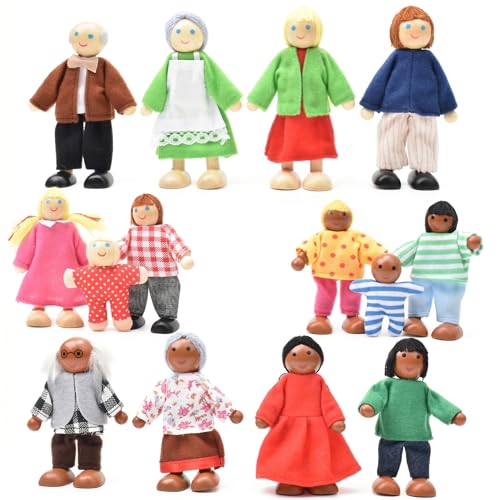 Glyaini 14 Pcs Wooden Dollhouse People Figures Poseable Wooden Dolls for Girls and Toddlers Multicultural Pretend Play Toy