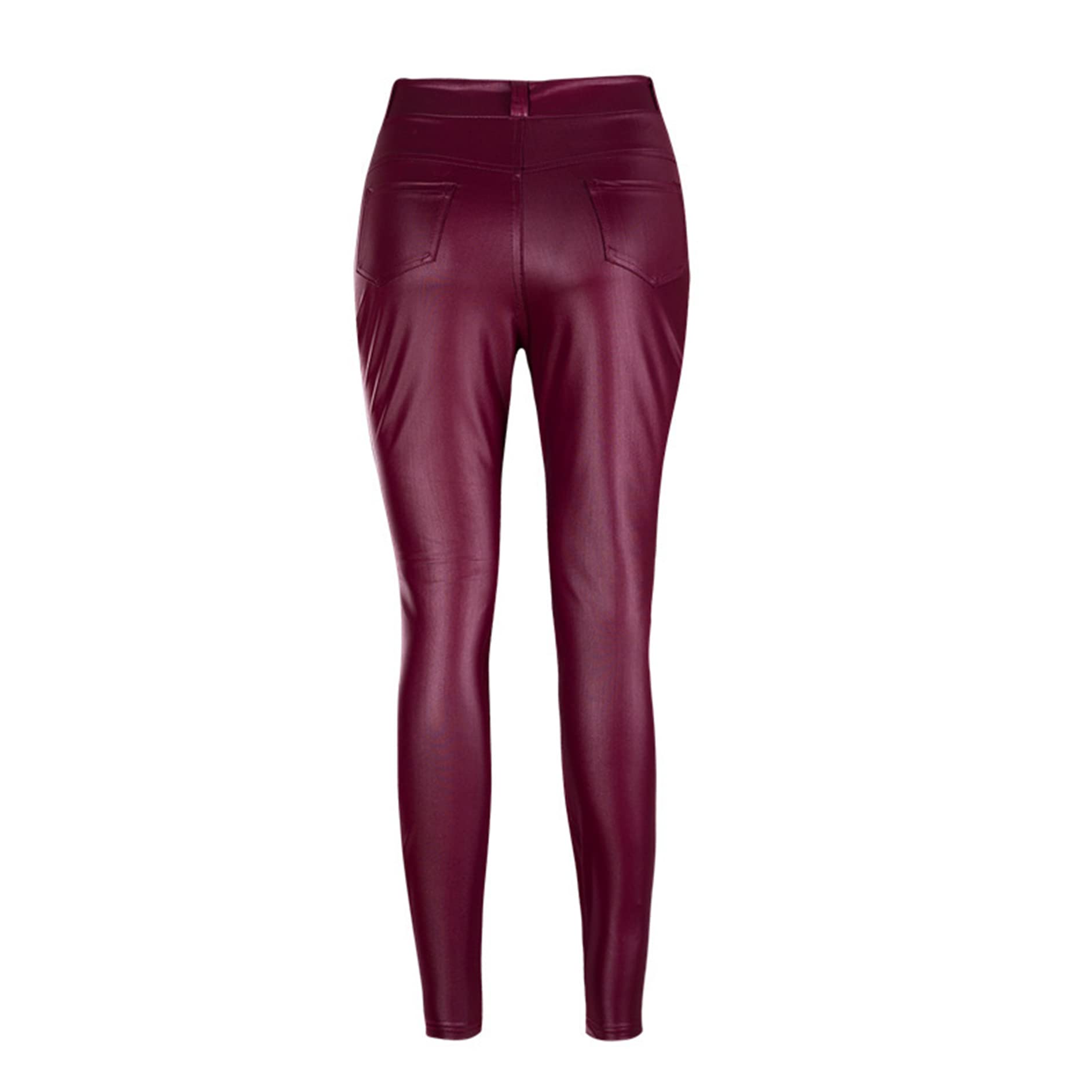 Damskie skórzane seksowne spodnie ze sztucznej skóry Push Up Legginsy Slim Fit Fałdy na kolanach Skórzane spodnie motocyklowe (wino-czerwone M)
