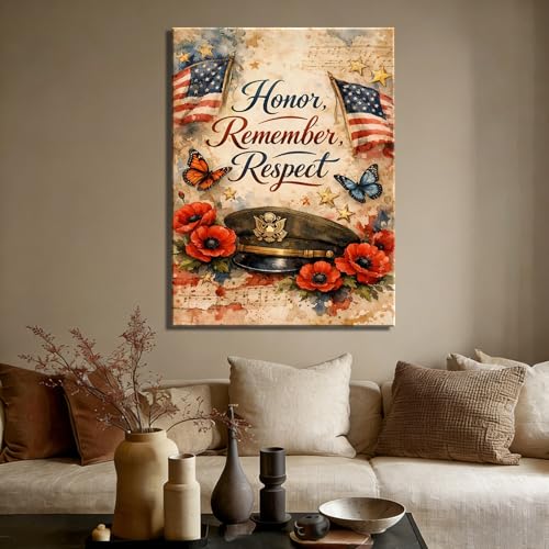 Image of Patriotic Honor Remember Respect Canvas Wall Art, Memorial Day Military Tribute, 4th of July Decor, Framed Prints for Home,Office,Living Room, Made in USA, Ready to Hang