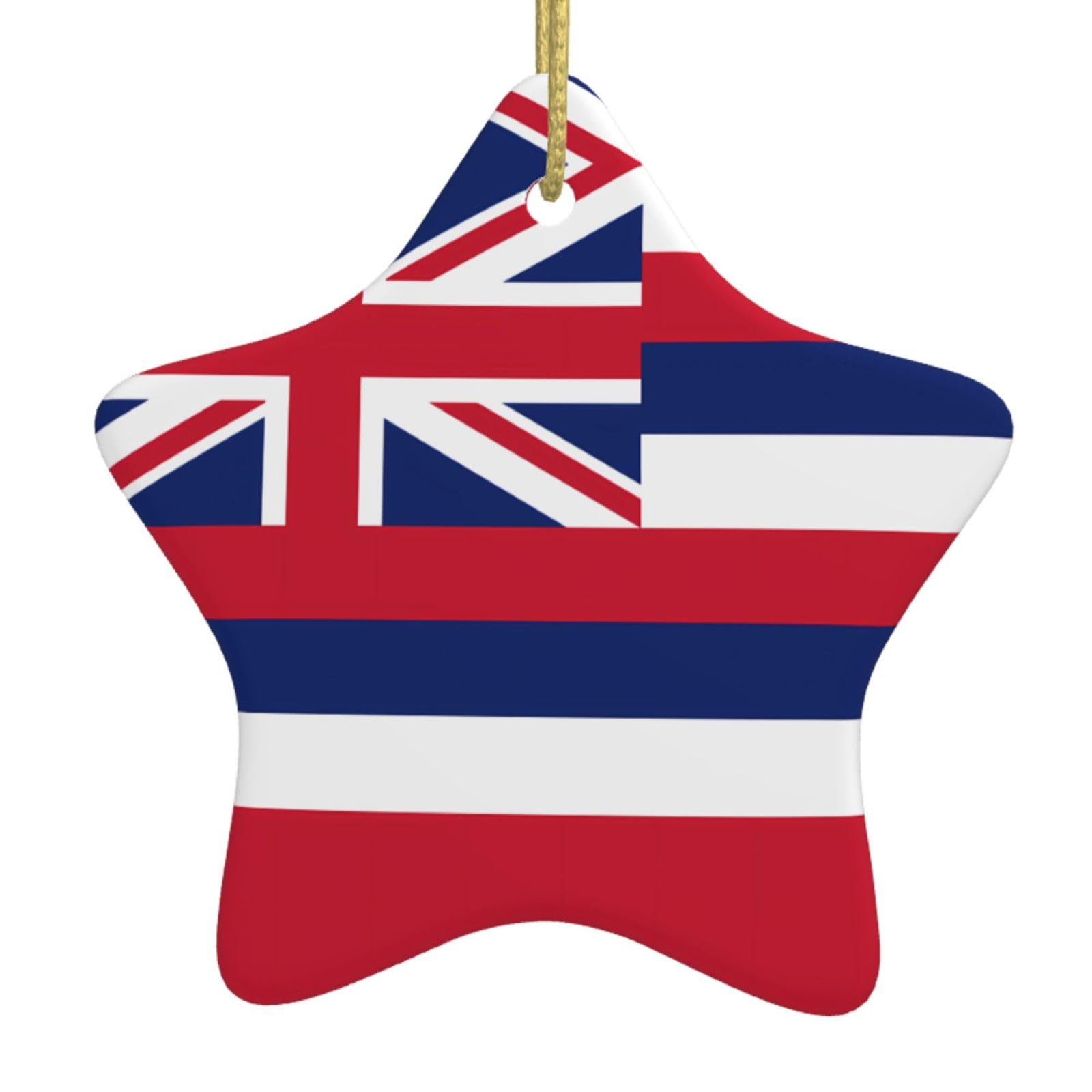 Hawaii Flag Christmas Ceramic Star Pendant with Punched Holes and Gold Wire Rope, Christmas Tree Home Decoration