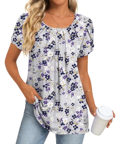 Anymeet Woman Short Sleeve Summer Fashion Comfy Casual Dressy Tops Loose Fit Perfect Out Wear Gray-purple Flower 3X-Large