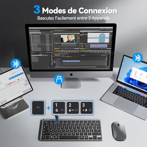 Clavier sans fil Bluetooth AZERTY rechargeable pour iPad Windows Android - 2