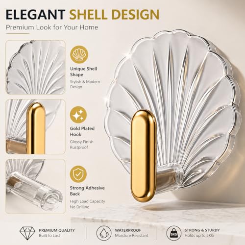Image of Wall Hooks Self Adhesive Heavy Duty (Pack of 1) | Transparent Decorative Shell Hooks | No Drill Waterproof Sticky Hanger for Bathroom Kitchen Keys Towels Home Organizer (6)