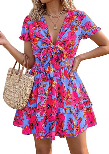 PRETTYGARDEN Women Summer Short Dress 2026 Casual V Neck Short Sleeve Tiered Bow Mini Sun Dresses Beach Vacation Sundress (Floral Rose Red,XX-Large) — view 4