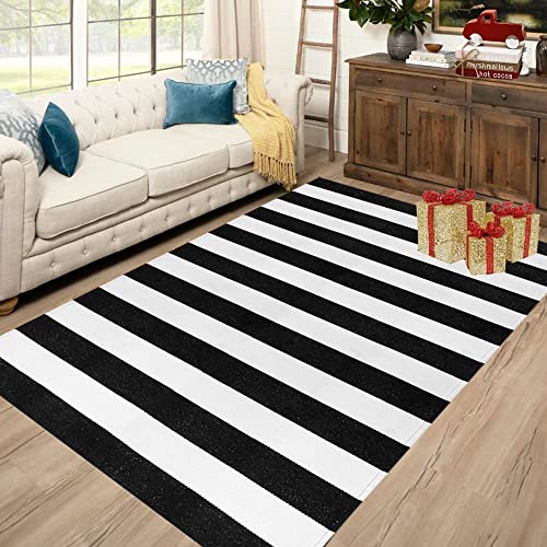 Seavish Black And White Striped Rug, 5X7 Ft Living Room Rugs Farmhouse Cotton Woven Washable Area Rug Indoor Outdoor Patio Rugs Large Modern Floor Carpet Area Rug For Entryway Porch Dining Room thumb #2