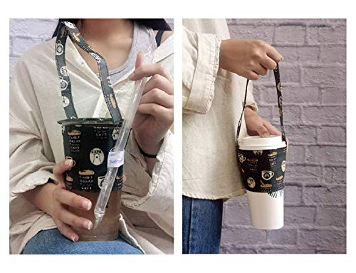 Image of Portable Coffee & Boba Cup Holder w /Straw Loop (Coffee Pattern Green)