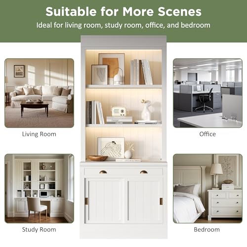 Image of 83.4 inch White Tall Bookshelf with 3-Layer LED Lighting, Modern Wood Bookcase with Sliding Doors and Open Shelves, Tall Storage Bookshelf with Cabinet for Living Room,Home Office (White)