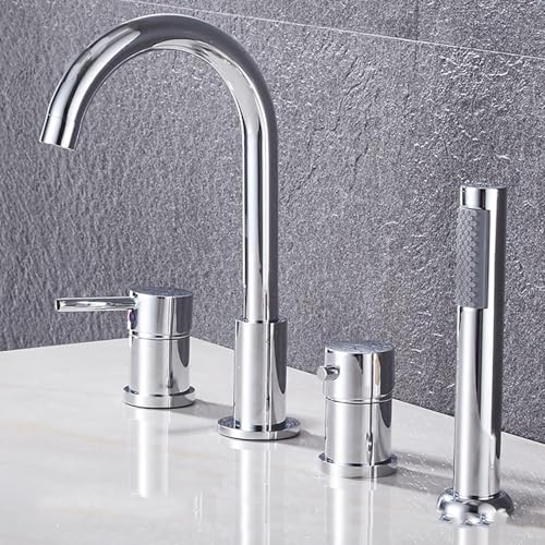 DECAKE Ensemble de robinets de Baignoire 4 Trous, mitigeur de Baignoire pour Bain à remous et Eau Froide, avec douchette à Main (doré)